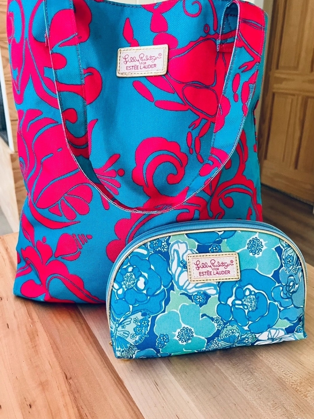 Blue & Pink Tote with Floral Cosmetic Pouch